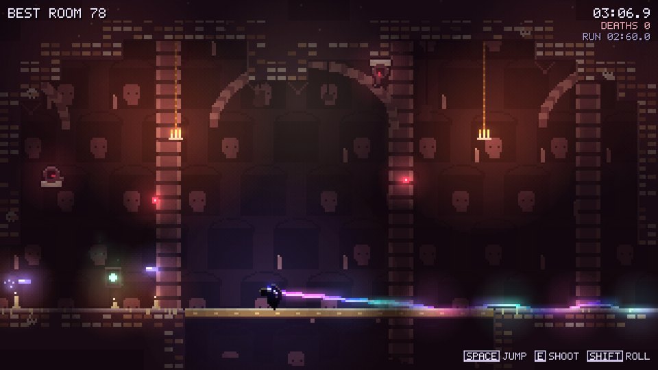 Bone catacombs lined with skull walls, the long ribbon rising diagonally across the room.